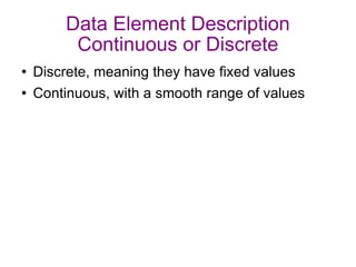 Data Element Description Continuous or Discrete Discrete, meaning they have fixed values Continuous, with a smooth range of values 