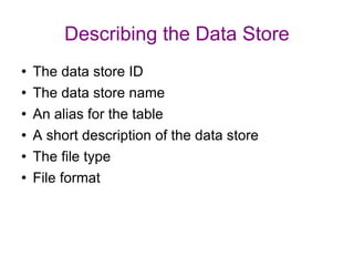 Describing the Data Store The data store ID The data store name  An alias for the table A short description of the data store The file type File format 