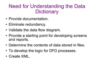 Need for Understanding the Data Dictionary Provide documentation. Eliminate redundancy. Validate the data flow diagram. Provide a starting point for developing screens and reports. Determine the contents of data stored in files. To develop the logic for DFD processes. Create XML. 
