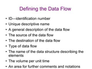 Defining the Data Flow  ID—identification number Unique descriptive name A general description of the data flow The source of the data flow The destination of the data flow Type of data flow The name of the data structure describing the elements The volume per unit time An area for further comments and notations 