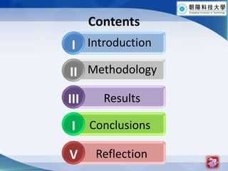 Contents3IIntroductionIIMethodologyIIIResultsIConclusionsVReflection