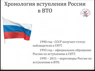 Хронология вступления России в ВТО          1990 год - СССР получает статус наблюдателя в ГАТТ.            1993 год – официальное обращение России по вступлению в ГАТТ.           1995 – 2011 – переговоры России по вступлению в ВТО. 