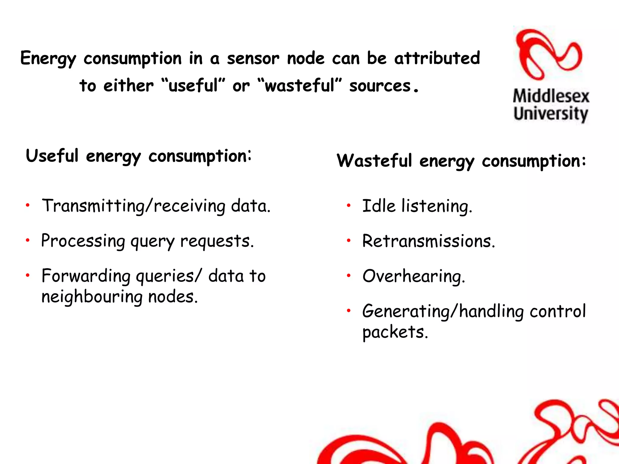 Energy consumption in a sensor node can be attributed
      to either “useful” or “wasteful” sources.



Useful energy consumption:          Wasteful energy consumption:

• Transmitting/receiving data.       • Idle listening.

• Processing query requests.         • Retransmissions.

• Forwarding queries/ data to        • Overhearing.
  neighbouring nodes.
                                     • Generating/handling control
                                       packets.
 