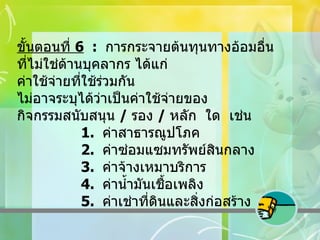 ขั้นตอนที่  6   :  การกระจายต้นทุนทางอ้อมอื่น ที่ไม่ใช่ด้านบุคลากร ได้แก่  ค่าใช้จ่ายที่ใช้ร่วมกัน  ไม่อาจระบุได้ว่าเป็นค่าใช้จ่ายของ กิจกรรมสนับสนุน  /  รอง  /  หลัก  ใด  เช่น 1.  ค่าสาธารณูปโภค 2.  ค่าซ่อมแซมทรัพย์สินกลาง 3.  ค่าจ้างเหมาบริการ 4.  ค่าน้ำมันเชื้อเพลิง 5.  ค่าเช่าที่ดินและสิ่งก่อสร้าง 