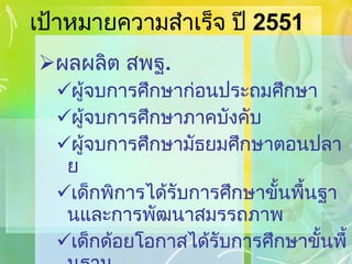 เป้าหมายความสำเร็จ ปี  2551 ผลผลิต สพฐ . ผู้จบการศึกษาก่อนประถมศึกษา ผู้จบการศึกษาภาคบังคับ ผู้จบการศึกษามัธยมศึกษาตอนปลาย เด็กพิการได้รับการศึกษาขั้นพื้นฐานและการพัฒนาสมรรถภาพ เด็กด้อยโอกาสได้รับการศึกษาขั้นพื้นฐาน 