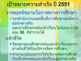 เป้าหมายความสำเร็จ ปี  2551 กลยุทธ์ขยายโอกาสทางการศึกษา ทุกสำนักงานเขตพื้นที่การศึกษาลดอัตราออกกลางคัน  และนำเด็กตกหล่นเข้าเรียนไม่น้อยกว่าร้อยละ  50  ที่สำรวจได้ ตัวชี้วัด ร้อยละของเด็กตกหล่นและนักเรียนออกกลางคันที่ได้รับบริการจัดการศึกษา จำนวนรูปแบบการให้บริการจัดการศึกษากับเด็กตกหล่นและนักเรียนออกกลางคัน 