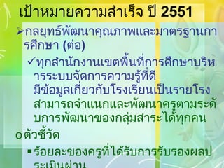เป้าหมายความสำเร็จ ปี  2551 กลยุทธ์พัฒนาคุณภาพและมาตรฐานการศึกษา  ( ต่อ ) ทุกสำนักงานเขตพื้นที่การศึกษาบริหารระบบจัดการความรู้ที่ดี มีข้อมูลเกี่ยวกับโรงเรียนเป็นรายโรง  สามารถจำแนกและพัฒนาครูตามระดับการพัฒนาของกลุ่มสาระได้ทุกคน ตัวชี้วัด ร้อยละของครูที่ได้รับการรับรองผลประเมินผ่าน หลังการอบรมจากการพัฒนาร่วมกับสถาบันอุดมศึกษา 