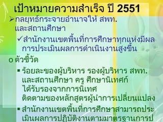 เป้าหมายความสำเร็จ ปี  2551 กลยุทธ์กระจายอำนาจให้ สพท .  และสถานศึกษา สำนักงานเขตพื้นที่การศึกษาทุกแห่งมีผลการประเมินผลการดำเนินงานสูงขึ้น ตัวชี้วัด ร้อยละของผู้บริหาร รองผู้บริหาร สพท .  และสถานศึกษา ครู ศึกษานิเทศก์ ได้รับรองจากการนิเทศ ติดตามของหลักสูตรผู้นำการเปลี่ยนแปลง สำนักงานเขตพื้นที่การศึกษาสามารถประเมินผลการปฏิบัติงานตามมาตรฐานการปฏิบัติงานและมีการจัดทำ  SAR 