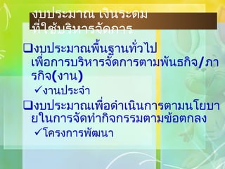 งบประมาณพื้นฐานทั่วไป เพื่อการบริหารจัดการตามพันธกิจ / ภารกิจ ( งาน )  งานประจำ งบประมาณเพื่อดำเนินการตามนโยบายในการจัดทำกิจกรรมตามข้อตกลง โครงการพัฒนา งบประมาณ เงินระดม ที่ใช้บริหารจัดการ 