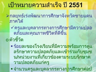 เป้าหมายความสำเร็จ ปี  2551 กลยุทธ์เร่งพัฒนาการศึกษาจังหวัดชายแดนภาคใต้ ครูและบุคลากรทางการศึกษามีความปลอดภัยและคุณภาพชีวิตที่ดีขึ้น ตัวชี้วัด ร้อย ละของโรงเรียนที่มีความพร้อมการดูแลรักษาความปลอดภัยและเข้าร่วมกับชุมชน / หน่วยงานที่เกี่ยวข้องตามระบบรักษาความปลอดภัยแก่ครู จำนวนครูและบุคลากรทางการศึกษาต่อประเภทของสวัสดิการ 