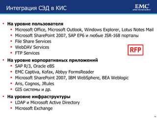 Интеграция СЭД в КИС На уровне пользователя Microsoft Office, Microsoft Outlook, Windows Explorer, Lotus Notes Mail  Microsoft SharePoint  2007 , SAP EP 6   и любые  JSR-168  порталы File Share Services WebDAV Services FTP Services На уровне корпоративных приложений SAP R/3, Oracle eBS EMC Captiva, Kofax, Abbyy FormsReader Microsoft SharePoint 2007, IBM WebSphere, BEA Weblogic Aris ,  Cognos, JRules GIS  системы и др.   На уровне инфраструктуры LDAP  и  Microsoft Active Directory Microsoft Exchange RFP 