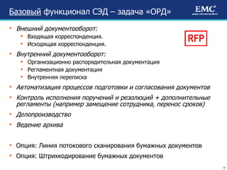 Базовый  функционал СЭД – задача «ОРД» Внешний документооборот:  Входящая корреспонденция.  Исходящая корреспонденция.   Внутренний документооборот:  Организационно распорядительная документация  Регламентная документация  Внутренняя переписка  Автоматизация процессов подготовки и согласования документов Контроль исполнения поручений и резолюций + дополнительные регламенты (например замещение сотрудника, перенос сроков) Делопроизводство Ведение архива Опция: Линия потокового сканирования бумажных документов Опция: Штрихкодирование бумажных документов RFP 