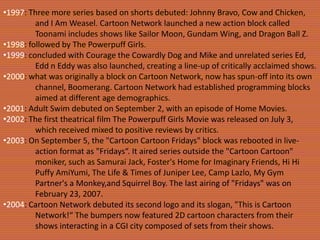 •1997: Three more series based on shorts debuted: Johnny Bravo, Cow and Chicken,
and I Am Weasel. Cartoon Network launched a new action block called
Toonami includes shows like Sailor Moon, Gundam Wing, and Dragon Ball Z.
•1998: followed by The Powerpuff Girls.
•1999: concluded with Courage the Cowardly Dog and Mike and unrelated series Ed,
Edd n Eddy was also launched, creating a line-up of critically acclaimed shows.
•2000: what was originally a block on Cartoon Network, now has spun-off into its own
channel, Boomerang. Cartoon Network had established programming blocks
aimed at different age demographics.
•2001: Adult Swim debuted on September 2, with an episode of Home Movies.
•2002: The first theatrical film The Powerpuff Girls Movie was released on July 3,
which received mixed to positive reviews by critics.
•2003: On September 5, the "Cartoon Cartoon Fridays" block was rebooted in liveaction format as "Fridays“. It aired series outside the "Cartoon Cartoon"
moniker, such as Samurai Jack, Foster's Home for Imaginary Friends, Hi Hi
Puffy AmiYumi, The Life & Times of Juniper Lee, Camp Lazlo, My Gym
Partner's a Monkey,and Squirrel Boy. The last airing of "Fridays" was on
February 23, 2007.
•2004: Cartoon Network debuted its second logo and its slogan, "This is Cartoon
Network!“ The bumpers now featured 2D cartoon characters from their
shows interacting in a CGI city composed of sets from their shows.

 