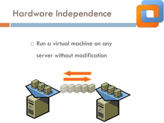 Hardware Independence
 Run a virtual machine on any
server without modification
 
