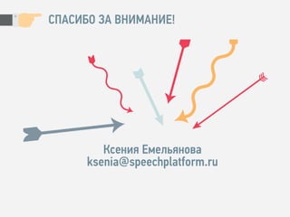 Ксения Емельянова
ksenia@speechplatform.ru
СПАСИБО ЗА ВНИМАНИЕ!
 
