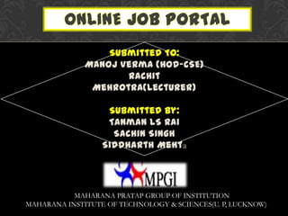 Submitted To:
Manoj Verma (HOD-CSE)
Rachit
Mehrotra(Lecturer)
Submitted By:
Tanman LS Rai
Sachin Singh
Siddharth Mehta
MAHARANA PRATAP GROUP OF INSTITUTION
MAHARANA INSTITUTE OF TECHNOLOGY & SCIENCES(U. P, LUCKNOW)
 