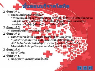 ขั้นตอนบริจาคโลหิต
 ขั้นตอนที่ 1
 กรอกแบบฟอร์มผู้บริจำคโลหิต
*ควรให ้ข ้อมูลตรงตำมควำมเป็นจริงของผู้บริจำค จะทำให ้ได ้โลหิตที่มีคุณภำพ
ปลอดภัย ลดควำมเสี่ยงที่อำจเกิดขึ้นทั้งต่อตัวผู้บริจำคเอง และตัวผู้ป่ วย
รวมทั้งเจ ้ำหน้ำที่ผู้ปฏิบัติงำนในกำรรับบริจำคโลหิต
 ขั้นตอนที่ 2
 ลงทะเบียนรับหมำยเลขถุงบรรจุโลหิต
 ขั้นตอนที่ 3
 ตรวจควำมเข ้มโลหิต และตรวจร่ำงกำย วัดควำมดันโลหิต
*บุคลำกรทำงกำรแพทย์ จะสอบถำมประวัติผู้บริจำคเพิ่มเติม
เพื่อวินิจฉัยเบื้องต ้นว่ำท่ำนมีสุขภำพพร ้อมที่จะบริจำคโลหิตหรือไม่
โปรดอย่ำปิดบังข ้อมูลเรื่องสุขภำพ หรือเขินอำยที่จะตอบคำถำม
 ขั้นตอนที่ 4
 บริจำคโลหิต
 ขั้นตอนที่ 5
 พักรับประทำนอำหำรว่ำง/เครื่องดื่ม
 