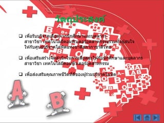 วัตถุประสงค์
 เพื่อรับบริจำคเลือดจำกนักศึกษำและบุคลำกร
สำขำวิชำ เทคโนโลยีคอมพิวเตอร์อุตสำหกรรมรวมทั้งผู้สนใจ
ให ้กับศูนย์บริจำคโลหิตแห่งชำติสภำกำชำติไทย
 เพื่อเสริมสร ้ำงจิตสำนึกในกำรเสียสละให ้กับนักศึกษำและบุคลำกร
สำขำวิชำ เทคโนโลยีคอมพิวเตอร์อุตสำหกรรม
 เพื่อส่งเสริมคุณภำพชีวิตที่ดีของผู้ร่วมบริจำคโลหิต
 
