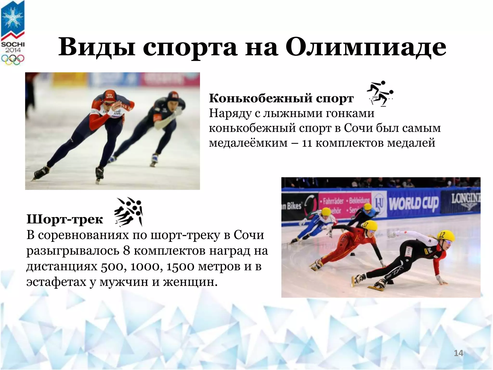 Виды спорта на Олимпиаде
Конькобежный спорт
Наряду с лыжными гонками
конькобежный спорт в Сочи был самым
медалеёмким – 11 комплектов медалей
Шорт-трек
В соревнованиях по шорт-треку в Сочи
разыгрывалось 8 комплектов наград на
дистанциях 500, 1000, 1500 метров и в
эстафетах у мужчин и женщин.
14
 