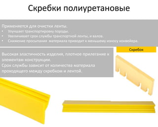 Скребки полиуретановые 
Применяется для очистки ленты. 
• Улучшает транспортировку породы. 
• Увеличивает срок службы транспортной ленты, и валов. 
• Снижение просыпания материала приводит к меньшему износу конвейера. 
Высокая эластичность изделия, плотное прилегание к 
элементам конструкции. 
Срок службы зависит от количества материала 
проходящего между скребком и лентой. 
Скребок 
 