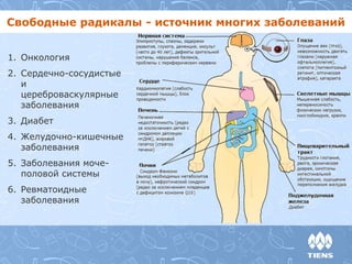 Свободные радикалы - источник многих заболеваний 
1. Онкология 
2. Сердечно-сосудистые 
и 
цереброваскулярные 
заболевания 
3. Диабет 
4. Желудочно-кишечные 
заболевания 
5. Заболевания моче- 
половой системы 
6. Ревматоидные 
заболевания 
 