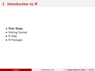 r-squared
Slide 3
Introduction
www.r-squared.in/rprogramming
✓ First Steps
✓ Take Off
✓ Getting Help In R
✓ Managing R Pac...