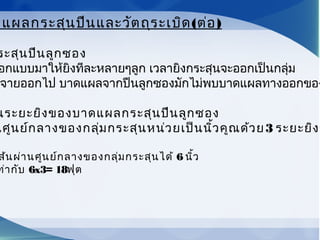 ระสุนปืนลูกซอง
อกแบบมาให้ยิงทีละหลายๆลูก เวลายิงกระสุนจะออกเป็นกลุ่ม
ะจายออกไป บาดแผลจากปืนลูกซองมักไม่พบบาดแผลทางออกของ
ณระยะยิงของบาดแผลกระสุนปืนลูกซอง
นศูนย์กลางของกลุ่มกระสุนหน่วยเป็นนิ้วคูณด้วย3 ระยะยิงจ
ส้นผ่านศูนย์กลางของกลุ่มกระสุนได้ 6 นิ้ว
ท่ากับ 6x3= 18ฟุต
ดแผลกระสุนปืนและวัตถุระเบิด(ต่อ)
 