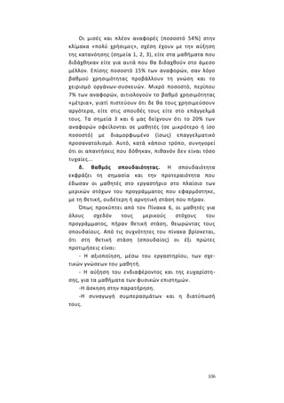 106
Οι μισές και πλέον αναφορές (ποσοστό 54%) στην
κλίμακα «πολύ χρήσιμες», σχέση έχουν με την αύξηση
της κατανόησης (σημεία 1, 2, 3), είτε στα μαθήματα που
διδάχθηκαν είτε για αυτά που θα διδαχθούν στο άμεσο
μέλλον. Επίσης ποσοστό 15% των αναφορών, σαν λόγο
βαθμού χρησιμότητας προβάλλουν τη γνώση και το
χειρισμό οργάνων-συσκευών. Μικρό ποσοστό, περίπου
7% των αναφορών, αιτιολογούν το βαθμό χρησιμότητας
«μέτρια», γιατί πιστεύουν ότι δε θα τους χρησιμεύσουν
αργότερα, είτε στις σπουδές τους είτε στο επάγγελμά
τους. Τα σημεία 3 και 6 μας δείχνουν ότι το 20% των
αναφορών οφείλονται σε μαθητές (σε μικρότερο ή ίσο
ποσοστό) με διαμορφωμένο (ίσως) επαγγελματικό
προσανατολισμό. Αυτό, κατά κάποιο τρόπο, συνηγορεί
ότι οι απαντήσεις που δόθηκαν, πιθανόν δεν είναι τόσο
τυχαίες...
δ. Βαθμός σπουδαιότητας. Η σπουδαιότητα
εκφράζει τη σημασία και την προτεραιότητα που
έδωσαν οι μαθητές στο εργαστήριο στο πλαίσιο των
μερικών στόχων του προγράμματος που εφαρμόστηκε,
με τη θετική, ουδέτερη ή αρνητική στάση που πήραν.
Όπως προκύπτει από τον Πίνακα 6, οι μαθητές για
όλους σχεδόν τους μερικούς στόχους του
προγράμματος, πήραν θετική στάση, θεωρώντας τους
σπουδαίους. Από τις συχνότητες του πίνακα βρίσκεται,
ότι στη θετική στάση (σπουδαίος) οι έξι πρώτες
προτιμήσεις είναι:
- Η αξιοποίηση, μέσω του εργαστηρίου, των σχε-
τικών γνώσεων του μαθητή.
- Η αύξηση του ενδιαφέροντος και της ευχαρίστη-
σης, για τα μαθήματα των φυσικών επιστημών.
-Η άσκηση στην παρατήρηση.
-Η συναγωγή συμπερασμάτων και η διατύπωσή
τους.
 