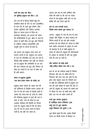 :यथाथथहनुमनचालीसा
25
नासै रोग हरइ सब पीरा।
जो सुममरइ हनुमत बल बीरा । 25
रोग एक ह है ककन्िु पीड़ायें बहुि हैं।
सांसररक बंधन ह रोग या राग (आसस्क्ि)
है। इस रोग के रहिे भूि (चचंिा, पीड़ा
दायक स्मृतियााँ) और वपशाच (आिंक,
हहंसा या आत्म हत्या से चचंिा का
समाधान खोजना), उस आत्मा को संसार
की पररस्स्थतियों में पुनः खींच ले जािे हैं।
संसार में सभी पीड़ा, उन भूि और वपशाचों
के अस्स्थर स्वभाव, व्यवसातयक और
आसुर गुर्ों के कारर् ह होिे हैं।
वह आत्मा जब हनुमन (शांि मन) का
स्मरर् करिी है िब हनुमन, उस आत्मा
के मन को पररवतििि कर शांि कर देिे हैं,
स्जसमें कोई सांसररक रोग नह ं रह सकिा।
मन में हनुमन की उपस्स्थति में (या मन
की शांि अवस्था में), भूि और वपशाच जो
पीड़ा कर सकिे हैं, उन मन में प्रवेश कर
ह नह ं सकिे।
संकट ते हनुमान छु ड़ावै।
मन, क्रम, बचन, ध्यान जो लावै॥ 26
हनुमन, संकट मोचन हैं। संकट मन की
वह अस्स्थरिा है स्जसके कारर्, आत्मा जो
मन में राम को ध्यान से देखिी रहिी है
उसका वह ध्यान भंग हो जािा है। संकट
की पररभाषा, हनुमन ने स्वयं की जब वे
लंका से लौट, राम को सीिा के मन
(अशोक वाहटका) की स्स्थति का चचत्रर्
करिे हैं। हनुमन कहिे हैं कक मााँ सीिा,
जब श्री राम के भजन करने में ववघ्न
पािीं हैं, िब वह एक संकट है।
आत्मा, जब मन में, कमि (भस्क्ि) और
शर र की वार्ी से, श्री राम का ध्यान
करिा है िब हनुमन सभी ओर से, उस
भस्क्ि की रक्षा करिे रहिे हैं।
सब पर राम तपस्वी राजा।
नतनके काज सकल तुम साजा॥ 27
आत्मा हनुमन में जब श्री राम के नाम
(सगुर् और तनगुिर् या ब्रह्म स्वरूप) का
चचंिन करिी है िब उसे वहााँ िपस्वी
भगवान श्री राम लमलिे हैं। संसार के सभी
कमि अथािि आत्माओं के उद्धार के कमि
जो भगवान के हैं, वे सभी, हनुमन के
द्वारा ह संभव हैं। हनुमन ह जीवात्माओं
के उद्धार के माध्यम हैं और यह पुनीि
कमि, श्री राम का कमि है।
और मनोरथ जो कोई लावै।
सोई अममत जीवन फल पावै ॥ 28
मन के रथ को मनोरथ कहिे हैं स्जसमें
स्जज्ञासा और भय दो पहहये होिे हैं।
स्जज्ञासा और भय जब िक रहिे हैं, मन
इधर उधर धूमिा रहिा है। स्जसके मन
में, कोई भी अलभलाषा होिी है हनुमन उस
मन को उसी जीवन के लक्ष्य की ओर ले
जािे हैं। हनुमन ह , आत्मा को उसके मन
में जीवन का िल जो कभी नष्ट नह ं
होिा उस पथ का दशिन करािे हैं।
चारों जुग परताप तुम्हारा।
है परमसद्ध जगत उजजयारा ।|29
साधु संत के तुम रखवारे।
असुर ननकं दन राम दुलारे ॥ 30
जुग ककसे कहिे हैं? योग अथािि ककसी
घटना का ककसी घटना से लमलना या
 
