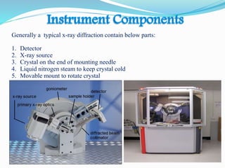 Generally a typical x-ray diffraction contain below parts:
1. Detector
2. X-ray source
3. Crystal on the end of mounting needle
4. Liquid nitrogen steam to keep crystal cold
5. Movable mount to rotate crystal
 