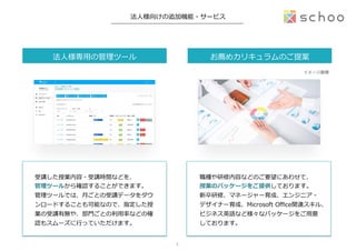 法⼈人様向けの追加機能・サービス
法⼈人様専⽤用の管理理ツール お薦めカリキュラムのご提案
受講した授業内容・受講時間などを、
管理理ツールから確認することができます。
管理理ツールでは、⽉月ごとの受講データをダウ
ンロードすることも可能なので、指定した授
業の受講有無や、部⾨門ごとの利利⽤用率率率などの確
認もスムーズに⾏行行っていただけます。
イメージ画像
職種や研修内容などのご要望にあわせて、
授業のパッケージをご提供しております。
新卒研修、マネージャー育成、エンジニア・
デザイナー育成、Microsoft  Oﬃce関連スキル、
ビジネス英語など様々なパッケージをご⽤用意
しております。
9	
 