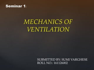 SUBMITTED BY: SUMI VARGHESE
ROLL NO.: 161126002
Seminar 1:
MECHANICS OF
VENTILATION
 