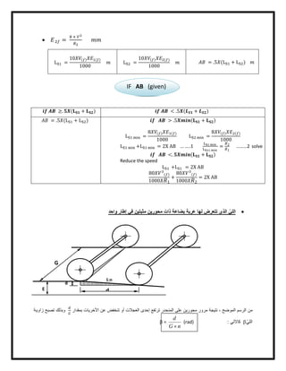  =
×
L =
10 ( ) ( )
1000
L =
10 ( ) ( )
1000
= .5 (L + L )
≥. ( + ) < .5 ( + )
= .5 (L + L ) > .5 ( + )
L =
8 ( ) ( )
1000
L =
8 ( ) ( )
1000
L +L = 2X AB … … .1 = 2
1
………2 solve
<. ( + )
Reduce the speed
L +L = 2X AB
80 ( )
1000 1
+
80 ( )
1000 2
= 2X AB
ّ‫اﻟﻠﻲ‬‫اﻟذى‬‫واﺣد‬ ‫إطﺎر‬ ‫ﻓﻲ‬ ‫ﻣﺛﺑﺗﯾن‬ ‫ﻣﺣورﯾن‬ ‫ذات‬ ‫ﺑﺿﺎﻋﺔ‬ ‫ﻋرﺑﺔ‬ ‫ﻟﮭﺎ‬ ‫ﺗﺗﻌرض‬
‫ﺑﻣﻘدار‬ ‫اﻷﺧرﯾﺎت‬ ‫ﻋن‬ ‫ﺗﻧﺧﻔض‬ ‫أو‬ ‫اﻟﻌﺟﻼت‬ ‫إﺣدى‬ ‫ﺗرﺗﻔﻊ‬ ‫اﻟﻣﻧﺣدر‬ ‫ﻋﻠﻰ‬ ‫ﻣﺣورﯾن‬ ‫ﻣرور‬ ‫ﻧﺗﯾﺟﺔ‬ ، ‫اﻟﻣوﺿﺢ‬ ‫اﻟرﺳم‬ ‫ﻣن‬‫ﺔ‬‫زاوﯾ‬ ‫ﺗﺻﺑﺢ‬ ‫وﺑذﻟك‬
ّ‫اﻟﻠﻲ‬‫ﻛﺎﻵﺗﻲ‬:(rad) =
nG
d

IF AB (given)
E
G
d
1:n
d
 