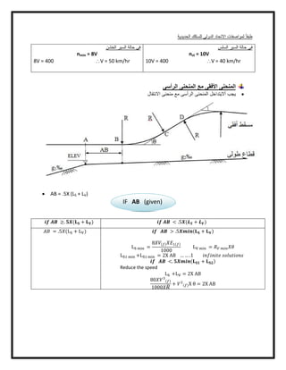 ‫اﻟﺣدﯾدﯾﺔ‬ ‫ﻟﻠﺳﻛك‬ ‫اﻟدوﻟﻲ‬ ‫اﻻﺗﺣﺎد‬ ‫ﻟﻣواﺻﻔﺎت‬ ً‫ﺎ‬‫طﺑﻘ‬
‫اﻟﺧﺷن‬ ‫اﻟﺳﯾر‬ ‫ﺣﺎﻟﺔ‬ ‫ﻓﻲ‬
nmin = 8V
8V = 400 V = 50 km/hr
‫اﻟﺳﻠس‬ ‫اﻟﺳﯾر‬ ‫ﺣﺎﻟﺔ‬ ‫ﻓﻲ‬
nst = 10V
10V = 400 V = 40 km/hr
‫اﻟرأﺳﻰ‬ ‫اﻟﻣﻧﺣﻧﻰ‬ ‫ﻣﻊ‬ ‫اﻷﻓﻘﻰ‬ ‫اﻟﻣﻧﺣﻧﻰ‬
‫اﻟرأﺳﻰ‬ ‫اﻟﻣﻧﺣﻧﻰ‬ ‫أﻻﯾﺗداﺧل‬ ‫ﯾﺟب‬‫اﻻﻧﺗﻘﺎل‬ ‫ﻣﻧﺣﻧﻰ‬ ‫ﻣﻊ‬
 AB = .5X (LS + LV)
≥. ( + ) < .5 ( + )
= .5 (L + L ) > .5 ( + )
L =
8 ( ) ( )
1000
L =
L +L = 2X AB … … .1
<. ( + )
Reduce the speed
L +L = 2X AB
80 ( )
1000
+ ( )X θ = 2X AB
IF AB (given)
 