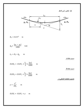 2(‫ﻷﺳﻔل‬ ‫رأﺳﻰ‬ ‫ﻣﻧﺣﻧﻰ‬
= 0.4
∆ =
| − |
1000
.
= ∗ ∆
‫ﻧﻘﻄﺔ‬ ‫ﻣﻨﺴﻮب‬a:
= ˋ +
2
×
| |
1000
‫ﻧﻘﻄﺔ‬ ‫ﻣﻨﺴﻮب‬b:
= ˋ +
2
×
| |
1000
‫اﻟﻣﻧﺣﻧﻰ‬ ‫ﻣﻧﺗﺻف‬ ‫ﻣﻧﺳوب‬c:
=
2
= ˋ +
LV
RV
x Y
y
a b
c
-6‰ +5‰
Dg
bˋ
g 1 %o
g 2 %o
 