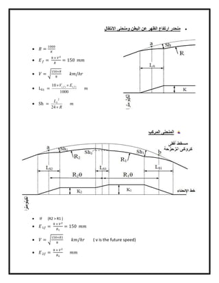 ‫ارﺗﻔﺎع‬ ‫ﻣﻧﺣدر‬‫اﻻﻧﺗﻘﺎل‬ ‫وﻣﻧﺣﻧﻰ‬ ‫اﻟﺑطن‬ ‫ﻋن‬ ‫اﻟظﮭر‬
 =
 =
×
= 150
 =
×
/ℎ
 L =
1000
10 )()( ff EV 
 Sh =
R
LS
24
2
‫اﻟ‬‫ﻣﻧﺣ‬‫اﻟﻣرﻛب‬ ‫ﻧﻰ‬
 IF (R2 > R1 )
 =
×
= 150
 =
×
/ℎ ( v is the future speed)
 =
×
 