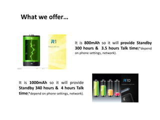 What we offer…
It is 800mAh so it will provide Standby
300 hours & 3.5 hours Talk time(*depend
on phone settings, network).
It is 1000mAh so it will provide
Standby 340 hours & 4 hours Talk
time(*depend on phone settings, network).
 