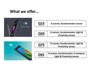 What we offer…
O65 G-sensor, Accelerometer, E-compass,
Light & Proximity sensor
Q75 G-sensor, Accelerometer, Light &
Proximity sensor
Q50 G-sensor, Accelerometer, Light &
Proximity sensor
Q15 G-sensor, Accelerometer sensor
 
