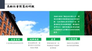 高齡社會對策的研擬
高齡社會除了觀念的改變之外，還
需從整體空間與環境來進行對策研
擬。包括高齡友善空間的打造、考
量城鄉差異的城鄉規劃、讓高齡社
會帶來另一種新商機的產業面策劃
以及關係到支持體系財源的財務規
劃等。
友善空間
打造高齡友善宜居的空間 看見城鄉差異，務
實針對不同空間型
態進行規劃
城鄉規劃 產業 財務規劃
因應高齡社會，從
新挑戰當中發掘新
產業機會
高齡社會支持體系
的財源需重新調配
 