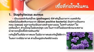 1. Staphyloccus aureus
- เป็ นแบคทีเรียก่อโรค (pathogen) ที่สาคัญในอาหาร แบคทีเรีย
ชนิดนี้ย้อมติดสีแกรมบวก (Gram positive bacteria) มีรูปร่างเป็ นทรง
กลม (cocus) อยู่รวมกันเป็ นพวงคล้ายพวงองุ่น ไม่สร้างสปอร ์ไม่
เคลื่อนไหว ส่วนใหญ่ไม่มีแคปซูล และในภาวะที่ไม่มีออกซิเจนจะสลาย
น้าตาลกลูโคสให้กรดอินทรีย์
เจริญได้ในที่มีอากาศและไม่มีอากาศแต่เจริญได้ดีกว่า
ในสภาวะที่มีอากาศ ส่วนใหญ่มักเกิดที่ผิวหนัง
 