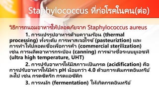 วิธีการถนอมอาหารให้ปลอดภัยจาก Staphylococcus aureus
1. การแปรรูปอาหารด้วยความร้อน (thermal
processing) ทั้งระดับ การพาสเจอไรซ ์(pasteuriztion) และ
การทาให้ปลอดเชื้อเพื่อการค้า (commercial sterilization)
เช่น การผลิตอาหารกระป๋ อง (canning) การฆ่าเชื้อระบบยูเอชที
(ultra high temperature, UHT)
2. การปรับอาหารให้มีสภาวะเป็ นกรด (acidification) คือ
การปรับอาหารให้มีค่า pH น้อยกว่า 4.0 ด้วยการเติมกรดอินทรีย์
ลงไป เช่น กรดซิตริก กรดแอซีติก
3. การหมัก (fermentation) ให้เกิดกรดอินทรีย์
 