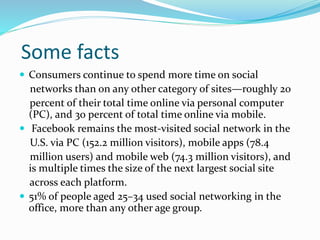 Some facts
 Consumers continue to spend more time on social
networks than on any other category of sites—roughly 20
percent of their total time online via personal computer
(PC), and 30 percent of total time online via mobile.
 Facebook remains the most-visited social network in the
U.S. via PC (152.2 million visitors), mobile apps (78.4
million users) and mobile web (74.3 million visitors), and
is multiple times the size of the next largest social site
across each platform.
 51% of people aged 25–34 used social networking in the
office, more than any other age group.
 