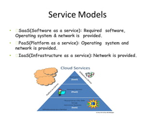 Service Models
• SaaS(Software as a service): Required software,
Operating system & network is provided.
• PaaS(Platform as a service): Operating system and
network is provided.
• IaaS(Infrastructure as a service): Network is provided.
 