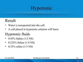 Hypotonic
Result
• Water is transported into the cell.
• A cell placed in hypotonic solution will burst.
Hypotonic fluids
• 0.45% Saline (1/2 NS)
• 0.225% Saline (1/4 NS)
• 0.33% saline (1/3 NS)
21-Jan-2019 By Maryam and Zerish 13
 