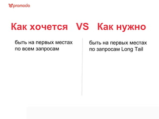 Как хочется  VS  Как нужно  быть на первых местах по всем запросам быть на первых местах по запросам Long Tail 