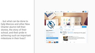 ...but what can be done to
help Marcos and other New
Charter alumni tell their
stories, the story of their
school, and their pride in
achieving such an important
milestone in their lives?
 