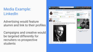 Media Example:
LinkedIn
Advertising would feature
alumni and link to their proﬁles
Campaigns and creative would
be targeted differently for
recruiters vs prospective
students
 