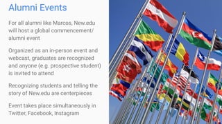Alumni Events
For all alumni like Marcos, New.edu
will host a global commencement/
alumni event
Organized as an in-person event and
webcast, graduates are recognized
and anyone (e.g. prospective student)
is invited to attend
Recognizing students and telling the
story of New.edu are centerpieces
Event takes place simultaneously in
Twitter, Facebook, Instagram
 