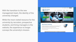 With the transition to the new
management team, the identity of the
university changed.
While the most visited resource for the
university by recruiters, prospective
students, and hiring managers is the
website, the experience no longer
conveys the university’s mission.
 