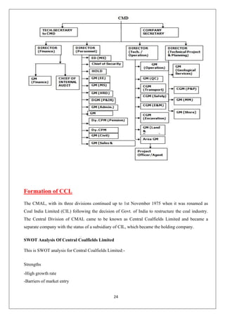 24
Formation of CCL
The CMAL, with its three divisions continued up to 1st November 1975 when it was renamed as
Coal India Limited (CIL) following the decision of Govt. of India to restructure the coal industry.
The Central Division of CMAL came to be known as Central Coalfields Limited and became a
separate company with the status of a subsidiary of CIL, which became the holding company.
SWOT Analysis Of Central Coalfields Limited
This is SWOT analysis for Central Coalfields Limited:-
Strengths
-High growth rate
-Barriers of market entry
 